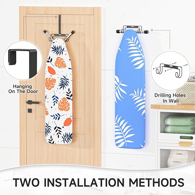 Ironing Board Holder Wall Mount/Over The Door Ironing Board Hanger, Laundry Rooms Metal Iron Board Holder Wall Mount for Y or T Leg (Black)