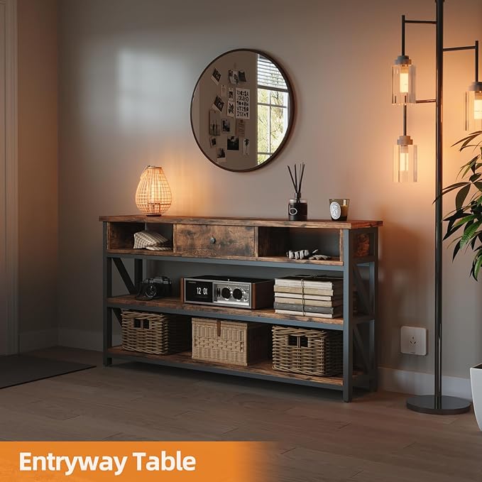 Mexin Console Table with Drawer Shelves, Entryway Table with 3 Tier Storage Shelves, Industrial Wood Hallway Sofa Table for Living Room, Couch, Foyer, Kitchen Counter, 47 Inch Rustic Brown