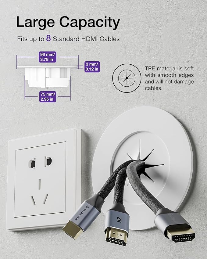 VCELINK in Wall Cable Management Kit (3.79 inch/96 mm) with Hole Saw Drill Attachment and Mounting Brackets, Hide TV Cords for Network, HDMI, Coax, Speaker Cables, 2-Pack