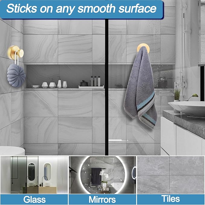 Shower Hooks for Inside Shower, Vacuum Suction Cup Hooks for Glass Window, Mirror, No Drill Towel Hooks for Bathrooms, Bath Robe Coat Looafh Wreath Hook for Hanging - 2 Pack, Gold