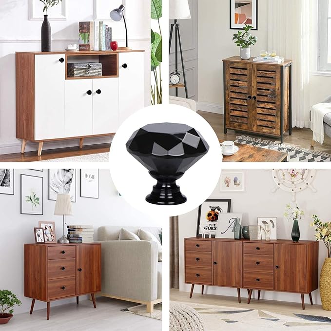 YourGift 6 Pack Drawer Knobs Diamond Shaped Crystal Glass 30mm Cabinet Knobs Pull Handles (30mm, 6 Pack, All Black)
