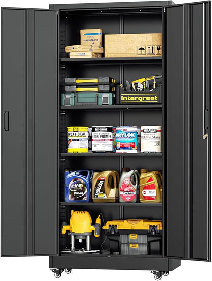 Bonusall Garage Cabinets with Wheels, 73" H Metal Locking Cabinet with 2 Doors and 4 Shelves, Storage Cabinet on Wheels for Home Office,Warehous, School(Black