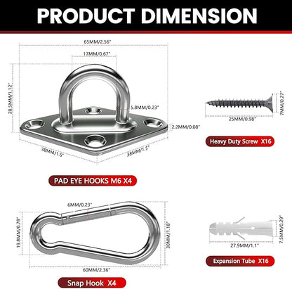 sprookber 304 Stainless Steel Pad Eye Snap Hooks, M6 Heavy Duty Ceiling Hooks, 800 lb Capacity Hammock Swing Hanging kit, Plant Hangers, Marine Hardware Staple Hook Loop with Screws, Set of 8