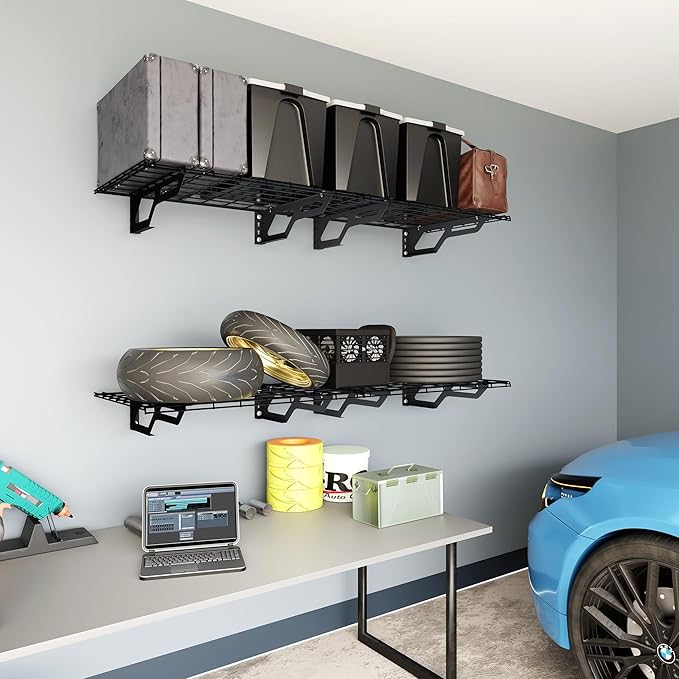 The Atlas 2-Pack 2x6 ft Garage Wall Shelves, 800lbs Heavy Duty Garage Shelving Wall Mounted, 24"x72" Metal Floating Shelf Storage Rack, Hammertone