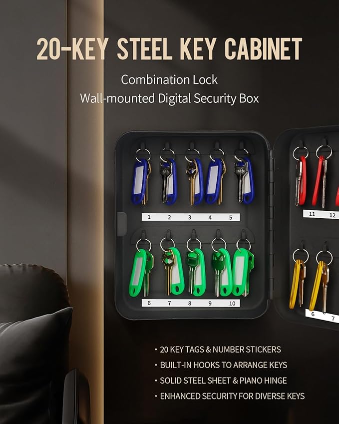 Uniclife 20 Position Key Cabinet with Combination Lock Resettable Black Digital Security Storage Box Steel Key Organizer with Colorful Key Tag Labels Stickers and Hooks