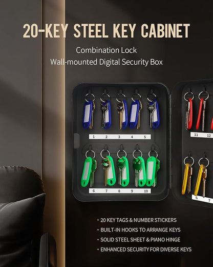 Uniclife 20 Position Key Cabinet with Combination Lock Resettable Black Digital Security Storage Box Steel Key Organizer with Colorful Key Tag Labels Stickers and Hooks