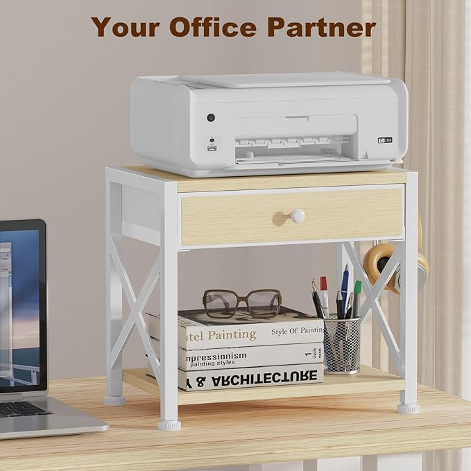 EasyCom 2-Tier Desktop Printer Stand with Large Drawer, Under Desk Storage with Wheels, Small Shelf with Storage for Paper Storage Printer Scanner Fax Home Office Use Beige