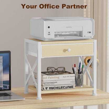 EasyCom 2-Tier Desktop Printer Stand with Large Drawer, Under Desk Storage with Wheels, Small Shelf with Storage for Paper Storage Printer Scanner Fax Home Office Use Beige