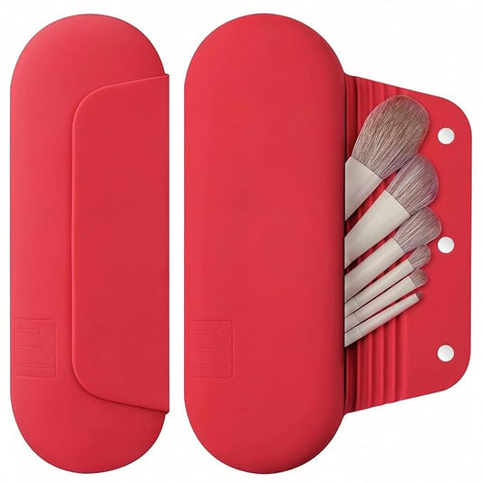 Silicone Makeup Brush Holder Travel Cosmetic Bag：Soft Portable Cosmetic Face Brushes Holder with Upgrade Anti-Fall Out Magnetic Closure, Large Travel Makeup Brush Case - Carmine