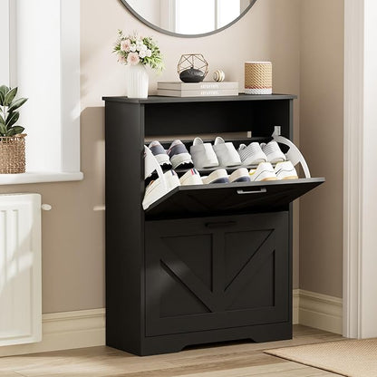 Farmhouse Shoe Cabinet for Entryway with Barn-Style Flip Drawers, Narrow Shoe Storage Organizer with Top Display Shelf, Adjustable Shelves, Shoe Rack for Hallway, Closet- (Black, 24")