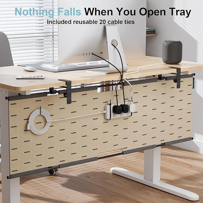 2-in-1 Under Desk Cable Management Tray & Privacy Panel, Dual-Sided Felt Cord Organizer to Hide Wires and Clutter, Desk Mount Cord Holder for Office and Home, Clamp or Screw Mount (Gray/Khaki, 45.3")