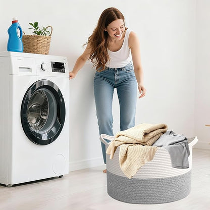 90L Large Blanket Basket,21.7"L x 21.7"W x 13.8"H Rope Woven Baskets with Handles, Toys Storage Bins,Laundry Basket Perfect for Living Room, Nursery,Bedroom,Home Organization,White&Grey