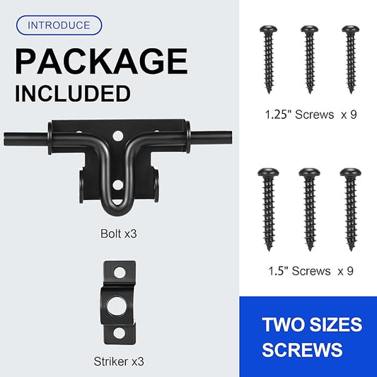 Slide Bolt Gate Latch with Padlock Hole, Heavy Duty Fence Slide Latches Outdoor Doors for Wooden Fence, Shed Door, Vinyl Door-3pack