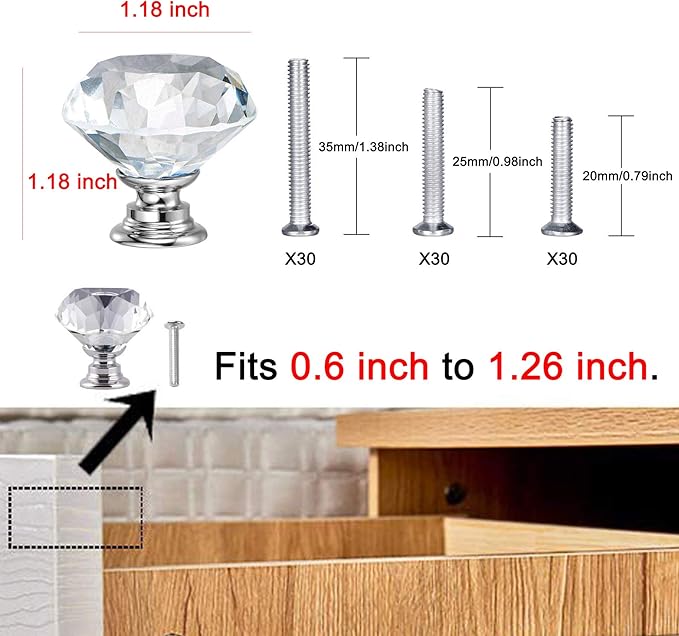 YourGift 30 Pack Drawer Knobs Diamond Shaped Crystal Glass 30mm Cabinet Knobs Pull Handle (30 mm, 30 Pack, Silver)