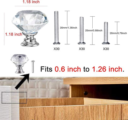 YourGift 30 Pack Drawer Knobs Diamond Shaped Crystal Glass 30mm Cabinet Knobs Pull Handle (30 mm, 30 Pack, Silver)