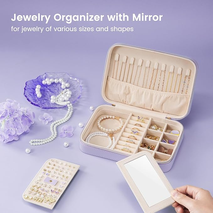 Lolalet Travel Jewelry Case for Women Girls, Travel Jewelry Organizer Box with Mirror & Clear Storage Bag, Small Portable Earring Necklace Bracelet Ring Case, Birthday Valentine Gifts -Medium, Purple