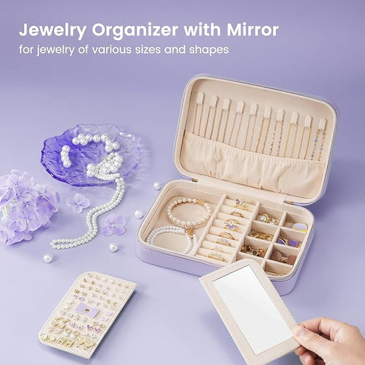 Lolalet Travel Jewelry Case for Women Girls, Travel Jewelry Organizer Box with Mirror & Clear Storage Bag, Small Portable Earring Necklace Bracelet Ring Case, Birthday Valentine Gifts -Medium, Purple