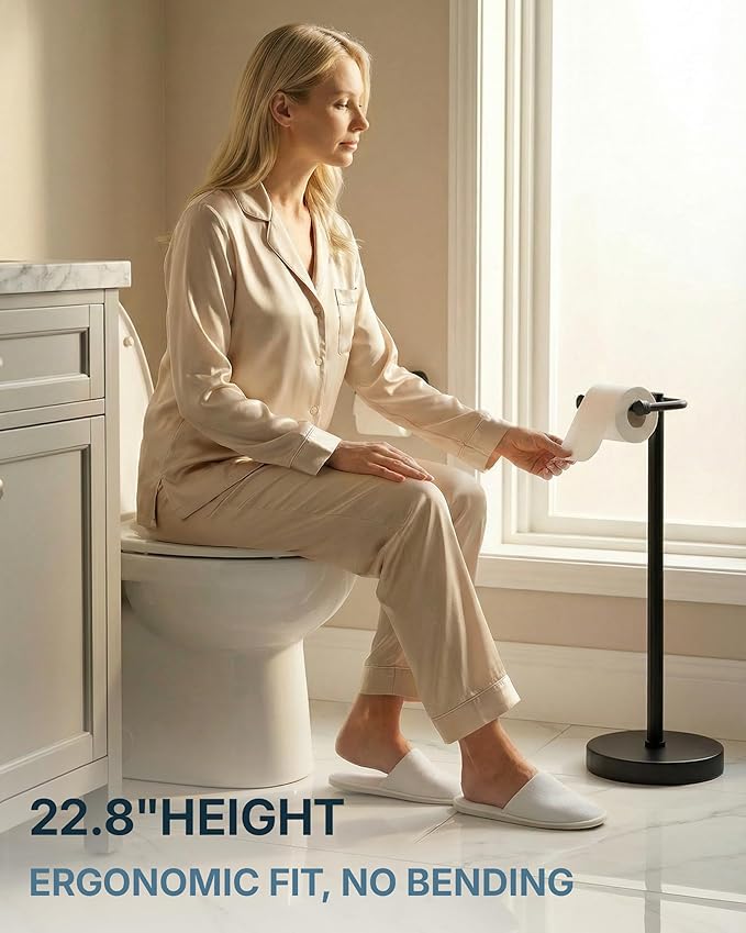 Toilet Paper Holder Stand, Modern Bathroom Free Standing Toilet Paper Roll Holder, Stainless Steel Tissue Rack, Rust-Proof & Heavy Stable Base (Matte Black)