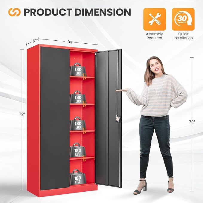 Metal Garage Storage Cabinets with Lock, 72" Tall Tool Cabinet with 2 Door and 4 Adjustable Shelves, Locking Garage Cabinets and Lockable Steel Locker for Home Office Warehouse-(Red Black-72”H)