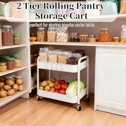 2 Tier Metal Rolling Cart with Wheels for Under Desk Storage & Pantry Storage, High Load-Bearing Kitchen Utility Cart for Small Space, Laundry Room Organization Side Table with 4 Hooks, White