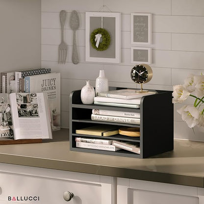 Ballucci File Organizer, 4-Tier Office Desk Organizer, Open Top Wood Paper Organizer for Classroom, Mail Sorter Paper Tray with Adjustable Storage Shelves, Black
