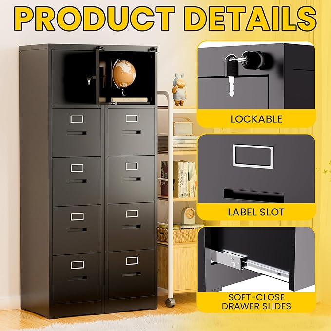 4 Drawer Metal Locking File Cabinet with 1 Door Heavy Duty Lockable Filing Cabinets Home Office Steel File Cabinet Black Vertical File Cabinets for Legal/Letter Size File,Assembly Required