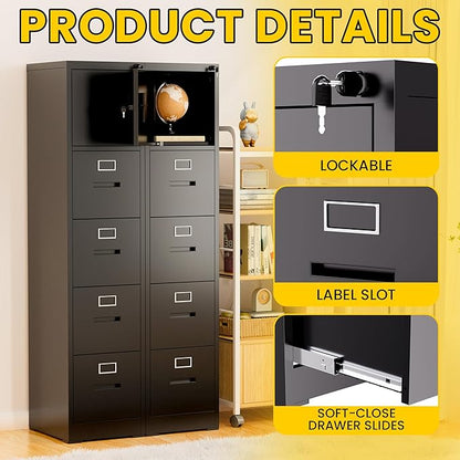 4 Drawer Metal Locking File Cabinet with 1 Door Heavy Duty Lockable Filing Cabinets Home Office Steel File Cabinet Black Vertical File Cabinets for Legal/Letter Size File,Assembly Required