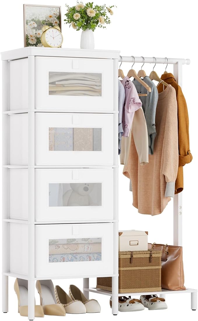 Bamboo Dresser with Hanging Rack, 4-Drawer Small Closet Organizer for Bedroom, Tall Storage Tower with Clothes Rack, Natural Wood 41.4"H x 31.3"W–Space-Saving Design, Easy Assembly （white）