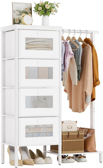 Bamboo Dresser with Hanging Rack, 4-Drawer Small Closet Organizer for Bedroom, Tall Storage Tower with Clothes Rack, Natural Wood 41.4"H x 31.3"W–Space-Saving Design, Easy Assembly （white）