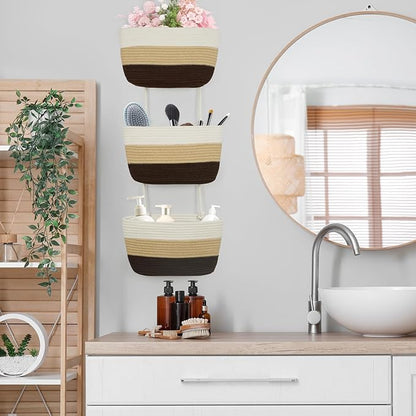 TeoKJ Over the Door Hanging Baskets, 3-Tier Woven Cotton Storage Organizer Bag Decorative Nursery Kitchen Baskets，Gradient Brown