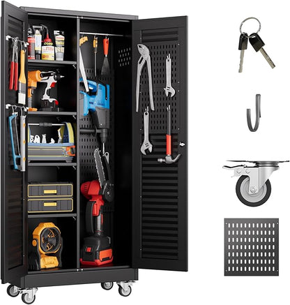 Metal Broom Closet Storage Cabinet with Hanging Rod, Garage Storage Cabinet with Wheels and 4 Shelves, Pegboard and 13 Hooks for Garage Home, Black, Assembly Required