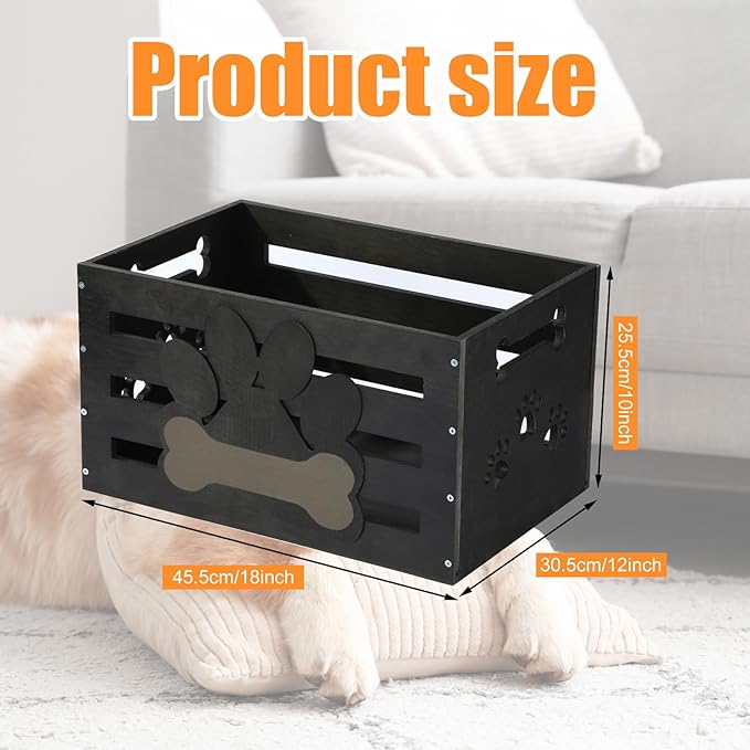 Large Dog Toy Basket Wood Dog Toy Bin Storage Baskets Box with Handles and Label Position Design Large Organizer with Paw Pattern Print for Pets Toys Food Blankets Clothes 18"x12"x10"