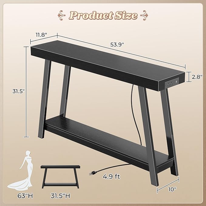 Huuger Console Table with Charging Station, USB-C Port, 2 Tiers Entryway Table, 53.9 Inch Sofa Table with Metal Legs, Entry Hallway Table with Thicker Desktop, Modern Behind Couch Table, Black
