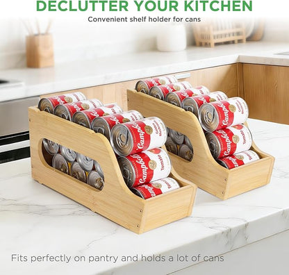 2 Pack Bamboo Can Organizer for Pantry, Soup Can Dispenser Rack Drink Holders Stackable Canned Foods can Storage for Pantry Kitchen Cabinet Up To 26 Cans