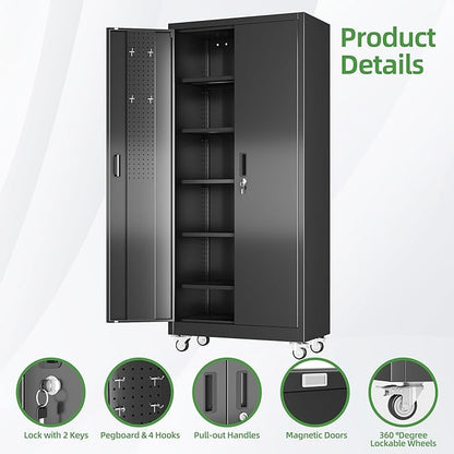 Garage Storage Cabinet with Wheels and Pegboard, 71" H x 32" W x 16" D Lockable Metal Storage Cabinet with 5 Adjustable Shelves and 2 Doors for Garage Home, Assembly Required, Black