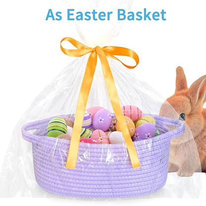 ABenkle Small Basket with Gift Bags and Ribbons, Empty Gift Baskets for Mother's Day, Decorative Boho Rope Woven Nursery Storage Organizer Toy Baskets with Handle for Baby Showers, 12"X 8" X 5"