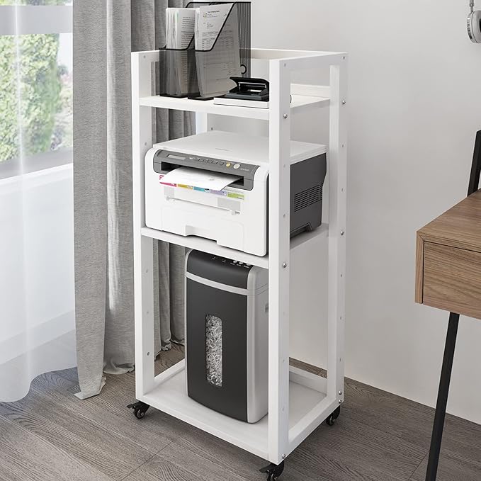 Natwind 3-Tier Movable Printer Stand Floor-Standing Desk Side Shredder Stand Computer Host Holder Adjustable Storage Shelf Rack on Wheels for Fax Scanner File Book (White)