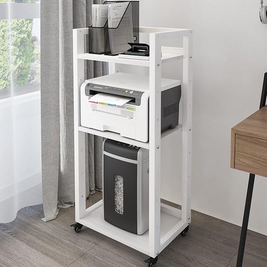 Natwind 3-Tier Movable Printer Stand Floor-Standing Desk Side Shredder Stand Computer Host Holder Adjustable Storage Shelf Rack on Wheels for Fax Scanner File Book (White)