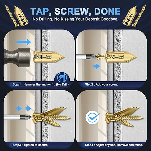 160 Pcs Self Drilling Drywall Anchors with Screws Kit, 3 Sizes Premium Zinc-Plated Manganese Steel Expansion Screws, No Pre-Drilling for Hollow Walls, Holds 100+ lbs for Shelves, TV, Cabinets