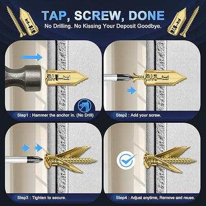 160 Pcs Self Drilling Drywall Anchors with Screws Kit, 3 Sizes Premium Zinc-Plated Manganese Steel Expansion Screws, No Pre-Drilling for Hollow Walls, Holds 100+ lbs for Shelves, TV, Cabinets