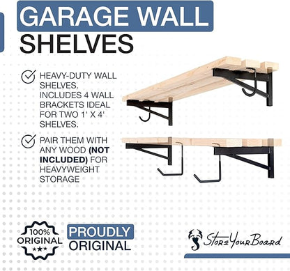StoreYourBoard 14 Inch Heavy Duty Shelf Brackets, Set of 4 for 1' x 4' DIY Garage Wall Shelves, Holds 600 lbs, Solid Steel, Includes 4 Hooks for Hanging Storage, 14" x 1" x 8.5"