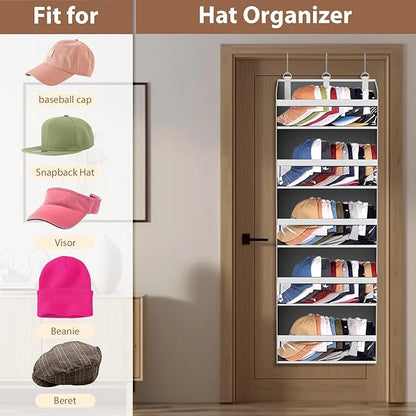 Over the Door Hat Organizer & Rack - Holds 60 Baseball Caps, Hat Storage for Closet Door Wall with 10 Clear Mesh Pockets, Grey