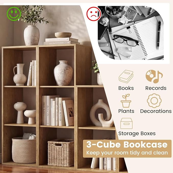 Giantex 3-Cube Bookcase, Cubby Bookshelf w/Back Guardrail & Anti-Tipping Kits, 4-Tier Freestanding Storage Organizer with Shelves, Open Back Display Rack for Living Room, Bedroom, Study
