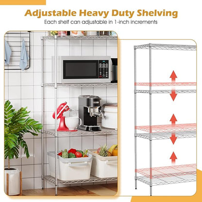 PayLessHere 4 Tier Shelving Unit 13.4" D×35" W×53.7" H Metal Shelving Standing Storage Shelf with 4 Steel Frame Adjustable Layer Racks Metal Commercial Shelf for Kitchen, Garage (Chrome)