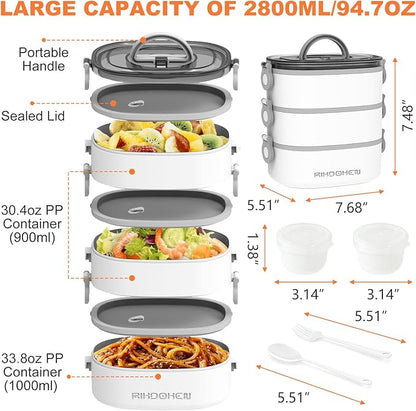 Lunch Box, Stackable 3 Layers Containers, Portable 94OZ Large Capacity Leakproof Bento Box with Spoon & Fork & Sauce Boxes, Microwave Safe Lunch Box for Kids and Adults