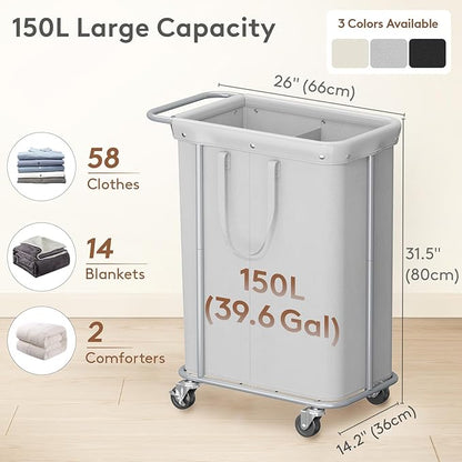 Lifewit 150L Large Laundry Basket with Wheels, Tall 2 Section Laundry Hamper Organizer, Rolling Laundry Cart with Steel Frame & Removable Bag for Luandry Room Bathroom Bedroom, Silver Gray