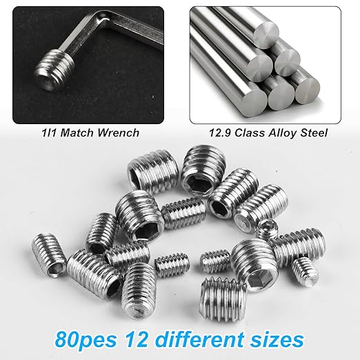 80 pcs Set Screws, Set Screws Assortment Kit, Grub Screws M3 M4 M5 M6 M8 for Home Repair, Repair Furniture, Electronic Product, Install Door Lock, DIY, Fixtures, 12 Sizes