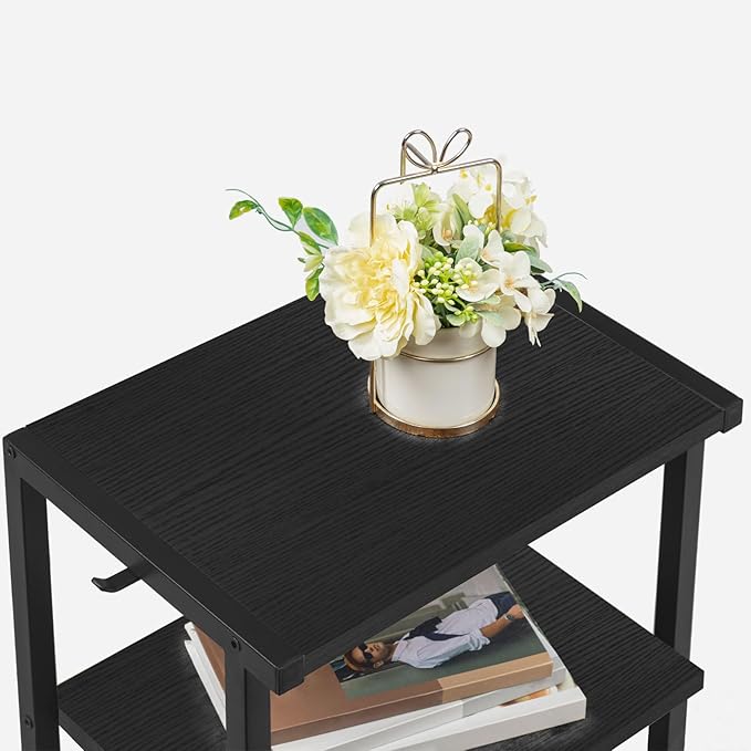HOOBRO Industrial Printer Stand with Charging Station, 3-Tier Printer Table, Rolling Printer Cart with Adjustable Shelf and Hook, Black BB28UPS01