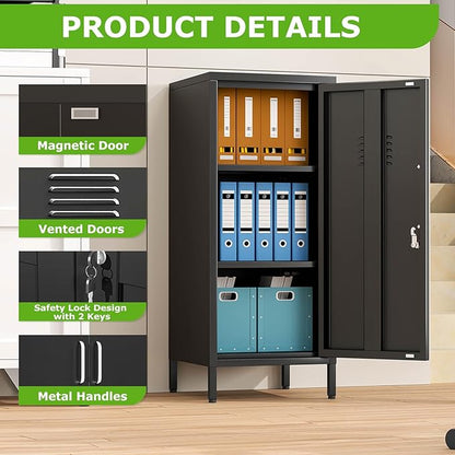 35" Metal Storage Locker, Lockable Employees Metal Locker with Door and Adjustable Shelves, Steel Locker for Home, School, Office, Gym (Black)