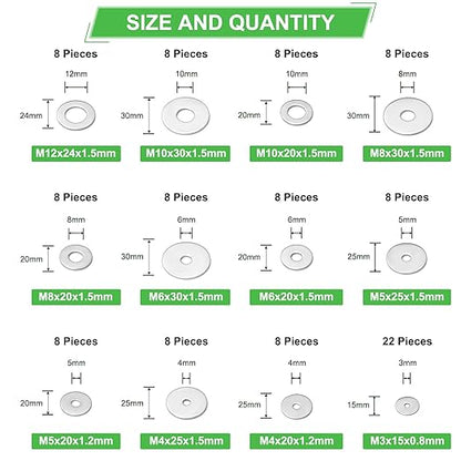 110 Pcs 304 Stainless Steel Metal Flat Washers for Screws and Bolts, Fender Washers Assortment Kit (12 Sizes M3-M12) for Automotive, Industrial & Home Use